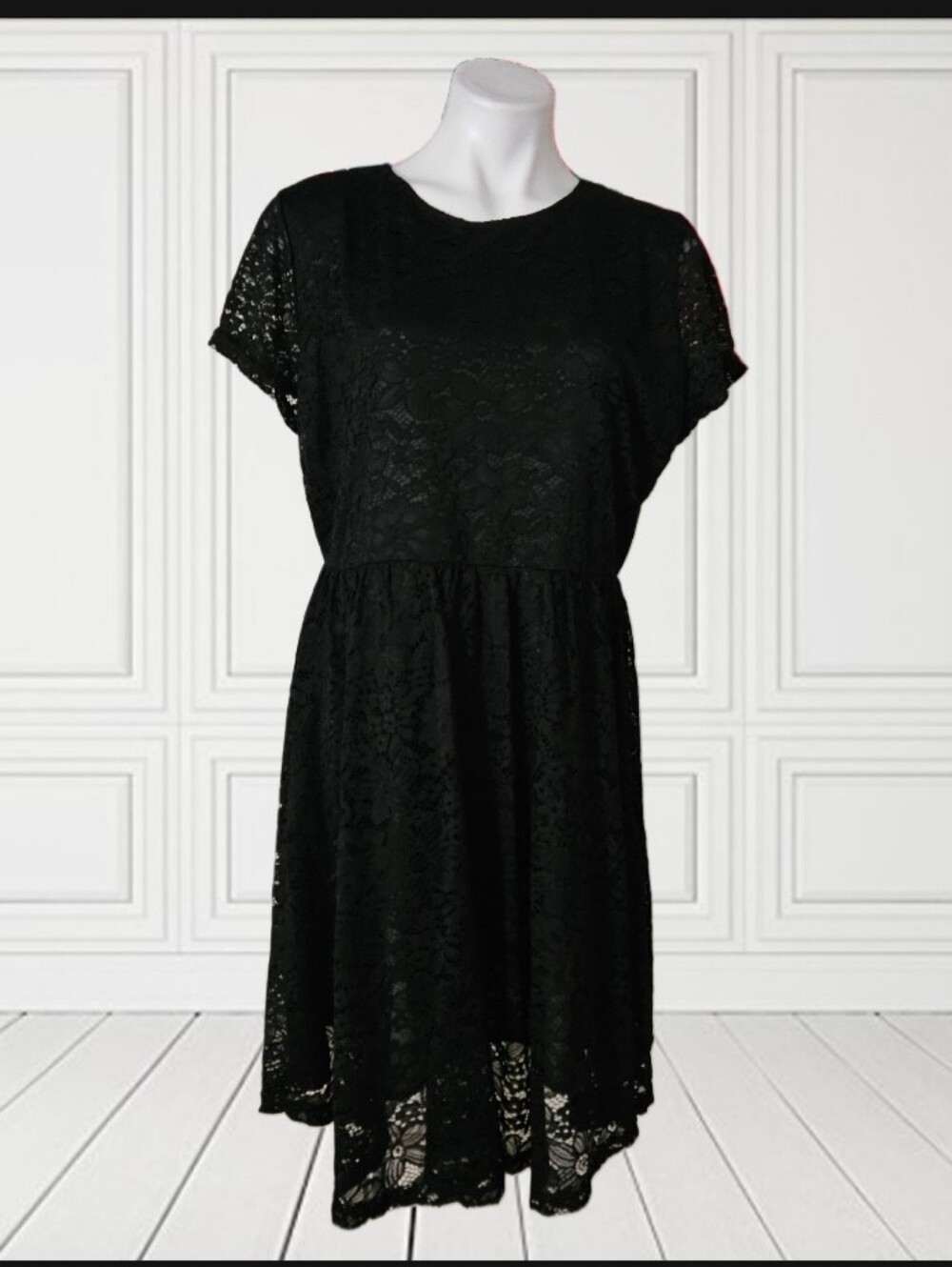 ACEVOG Black Lace Short Sleeve Skater Dress XXL